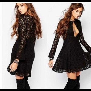 Free People Black Long Sleeved Lace Key-hole Dress